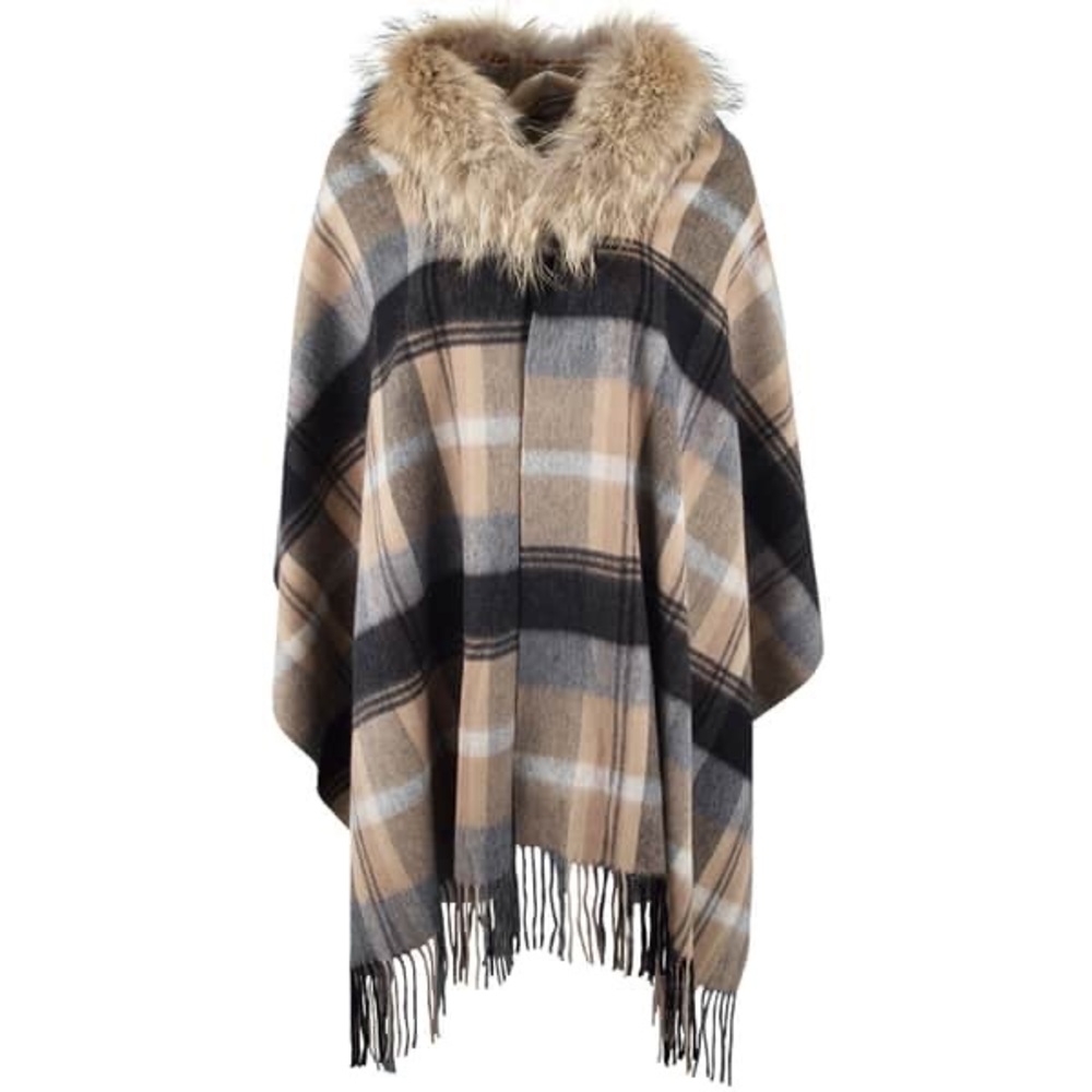 Linda Richards Luxury Cashmere Wool Removable Raccoon Fur Trim Plaid Wrap OS - Picture 2 of 9